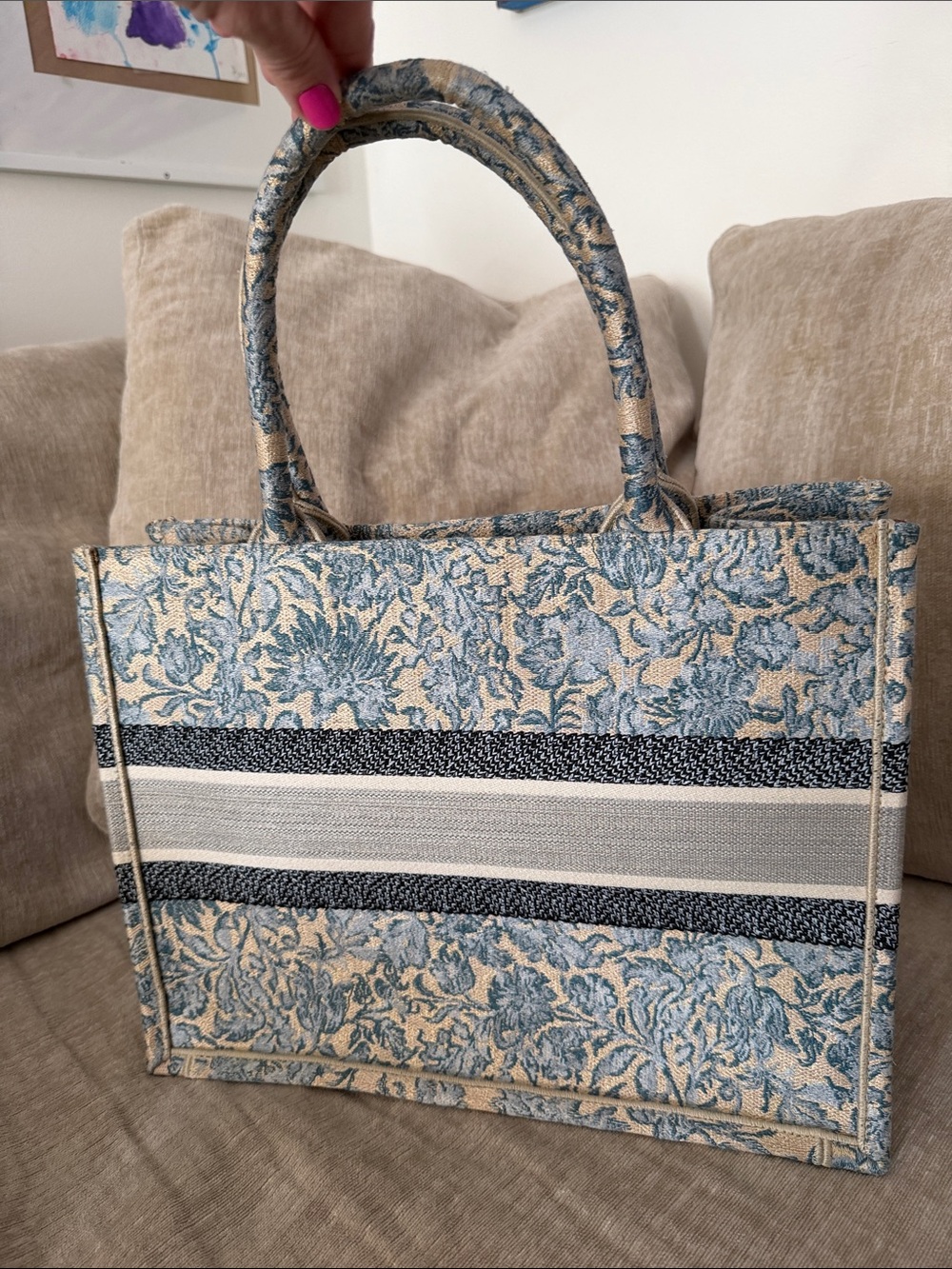Dior Blue & Beige Floral Embroidered Book Tote - Picture 2 of 8